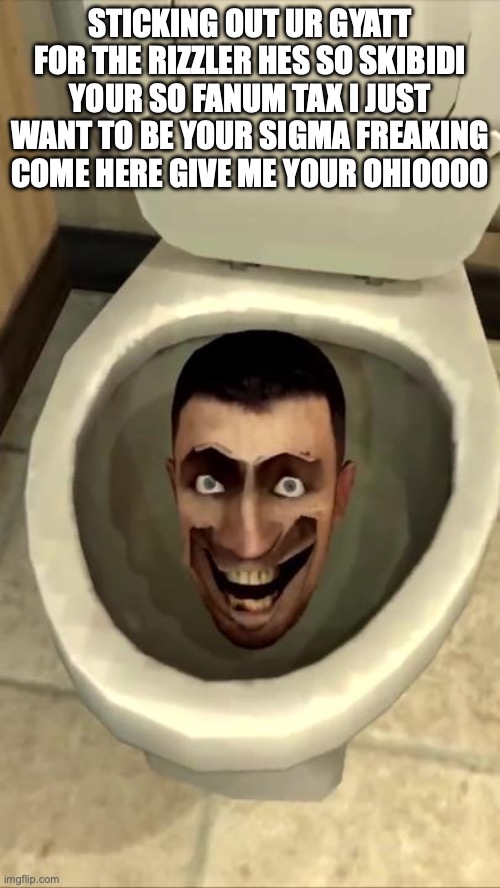 Skibidi toilet | STICKING OUT UR GYATT FOR THE RIZZLER HES SO SKIBIDI YOUR SO FANUM TAX I JUST WANT TO BE YOUR SIGMA FREAKING COME HERE GIVE ME YOUR OHIOOOO | image tagged in skibidi toilet | made w/ Imgflip meme maker