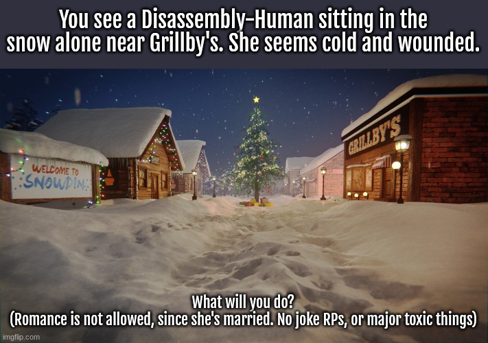 Iris "Bell" J.S - A Snowdin RP | You see a Disassembly-Human sitting in the snow alone near Grillby's. She seems cold and wounded. What will you do?
(Romance is not allowed, since she's married. No joke RPs, or major toxic things) | made w/ Imgflip meme maker