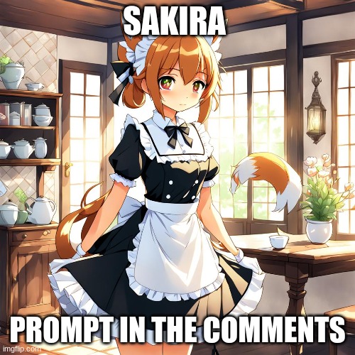 This is Sakira, she is a maid for hire. | SAKIRA; PROMPT IN THE COMMENTS | image tagged in maid,roleplaying,never gonna give you up,never gonna let you down,never gonna run around,and desert you | made w/ Imgflip meme maker