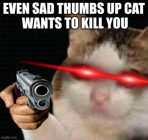 EVEN SAD THUMBS UP CAT
 WANTS TO KILL YOU | image tagged in sad thumbs up cat | made w/ Imgflip meme maker