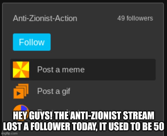 L anti_Zionist stream | HEY GUYS! THE ANTI-ZIONIST STREAM LOST A FOLLOWER TODAY, IT USED TO BE 50 | made w/ Imgflip meme maker