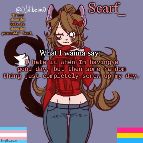 Scarf_ Announcement Template | I hate it when Im having a good day, but then some random thing just completely screw up my day. | image tagged in scarf_ announcement template | made w/ Imgflip meme maker