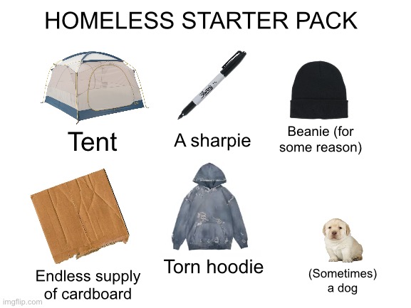 the homeless starter pack | HOMELESS STARTER PACK; Beanie (for some reason); A sharpie; Tent; Torn hoodie; Endless supply of cardboard; (Sometimes) a dog | image tagged in blank starter pack | made w/ Imgflip meme maker