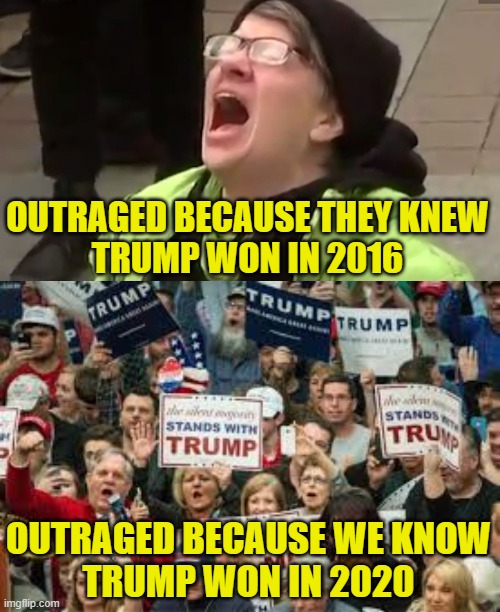 The Difference | OUTRAGED BECAUSE THEY KNEW
TRUMP WON IN 2016; OUTRAGED BECAUSE WE KNOW
TRUMP WON IN 2020 | image tagged in screaming liberal,trump supporters | made w/ Imgflip meme maker