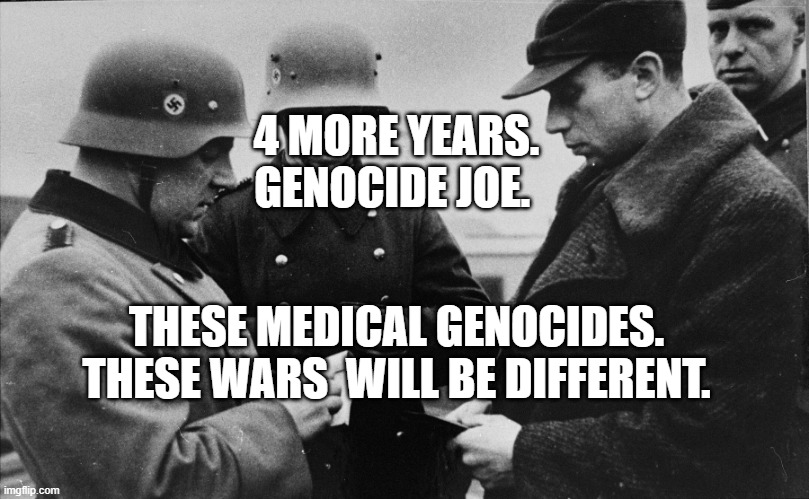 Nazi papers please | 4 MORE YEARS. GENOCIDE JOE. THESE MEDICAL GENOCIDES. THESE WARS  WILL BE DIFFERENT. | image tagged in nazi papers please | made w/ Imgflip meme maker