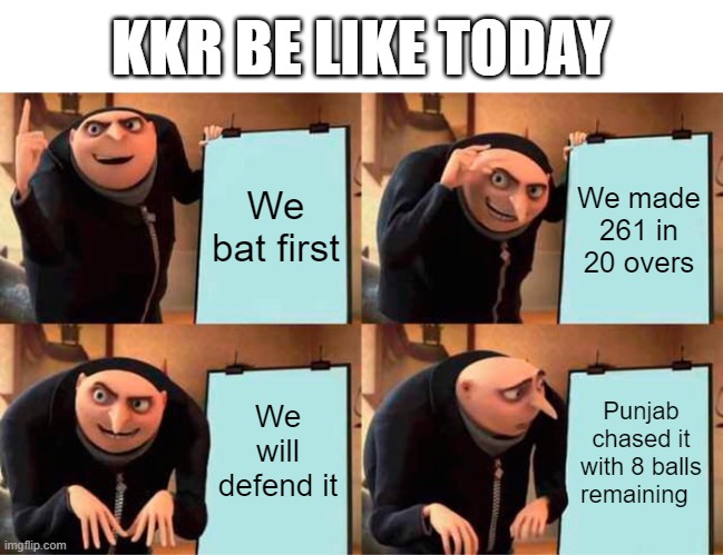 KKR be like | KKR BE LIKE TODAY; We bat first; We made 261 in 20 overs; We will defend it; Punjab chased it with 8 balls remaining | image tagged in memes,gru's plan,cricket | made w/ Imgflip meme maker