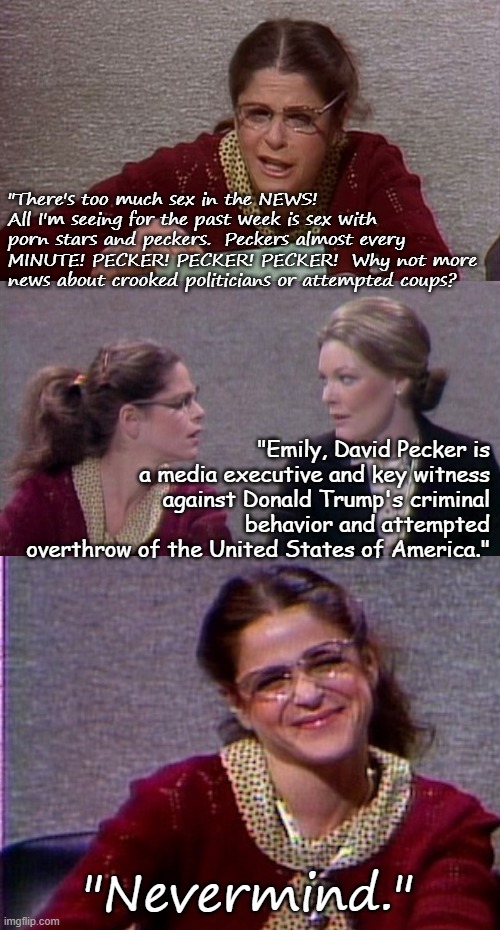 Emily Litella - SNL Pecker Porn Star News | "There's too much sex in the NEWS!  All I'm seeing for the past week is sex with porn stars and peckers.  Peckers almost every MINUTE! PECKER! PECKER! PECKER!  Why not more news about crooked politicians or attempted coups? "Emily, David Pecker is a media executive and key witness against Donald Trump's criminal behavior and attempted overthrow of the United States of America."; "Nevermind." | image tagged in emily litella snl gilda radner funny jpp,humor,political,current,funny | made w/ Imgflip meme maker