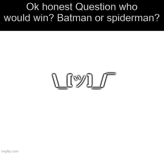 No heat guys Just asking | Ok honest Question who would win? Batman or spiderman? \_(ツ)_/¯ | image tagged in memes,spiderman,batman,question | made w/ Imgflip meme maker