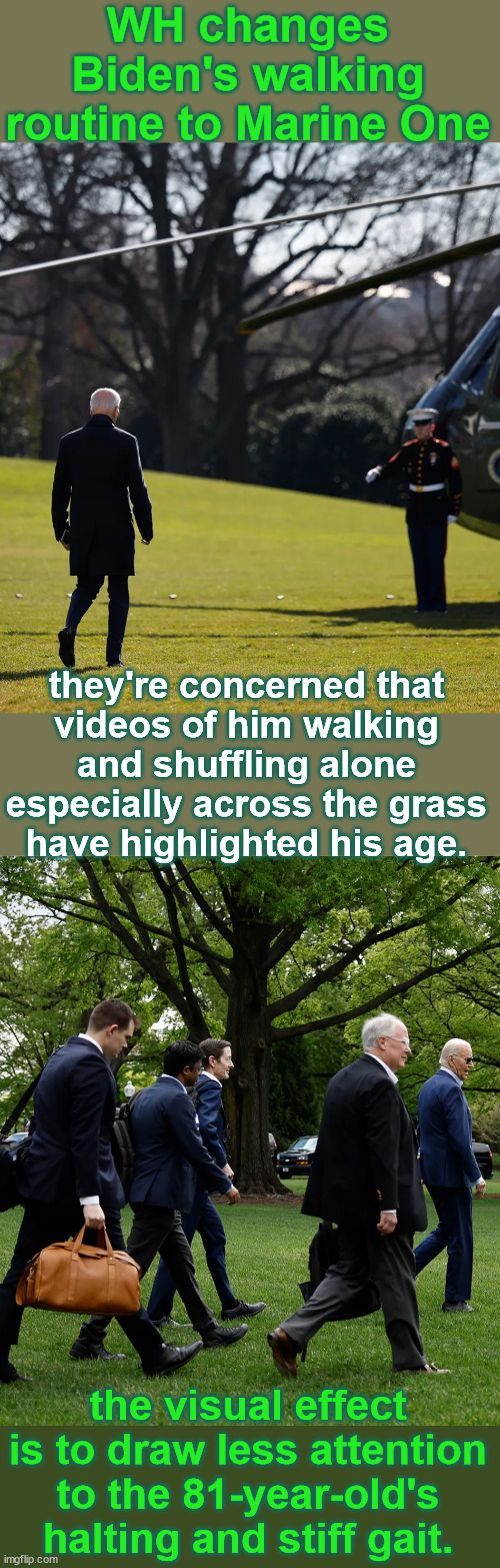 Hiding the Biden walk... Can't have voters knowiing he's too old... | WH changes Biden's walking routine to Marine One; they're concerned that
videos of him walking
and shuffling alone
especially across the grass
have highlighted his age. the visual effect is to draw less attention to the 81-year-old's halting and stiff gait. | image tagged in too old for office,dementia,joe biden,dems,counting on,msm trump hate propaganda | made w/ Imgflip meme maker
