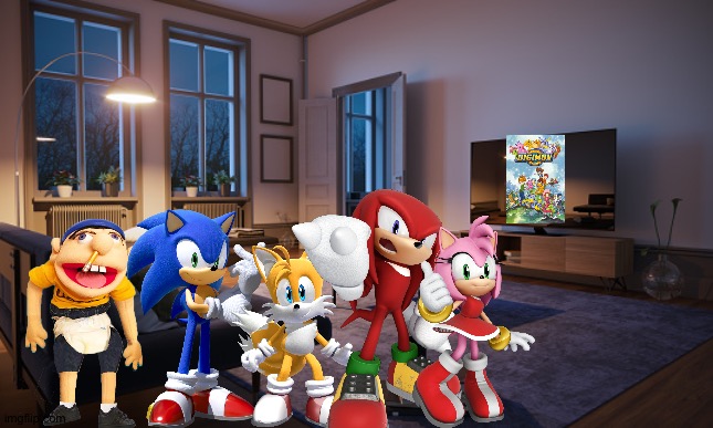 Jeffy and Friends watching Digimon in their living room | image tagged in living room,digimon,sonic the hedgehog,jeffy,crossover,anime | made w/ Imgflip meme maker