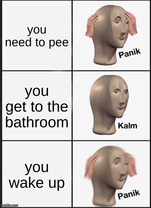 not real | you need to pee; you get to the bathroom; you wake up | image tagged in memes,panik kalm panik | made w/ Imgflip meme maker
