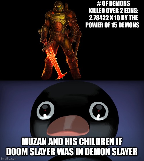 Terrified Noot Noot | # OF DEMONS KILLED OVER 2 EONS: 2.78422 X 10 BY THE POWER OF 15 DEMONS; MUZAN AND HIS CHILDREN IF DOOM SLAYER WAS IN DEMON SLAYER | image tagged in terrified noot noot | made w/ Imgflip meme maker