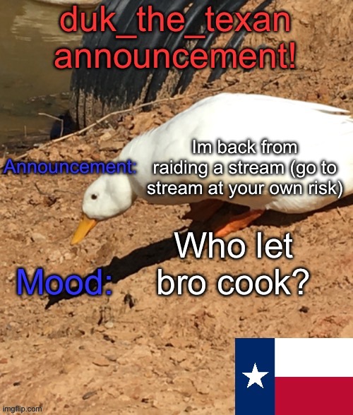 duk_the_texan announcement temp | Im back from raiding a stream (go to stream at your own risk); Who let bro cook? | image tagged in duk_the_texan announcement temp | made w/ Imgflip meme maker