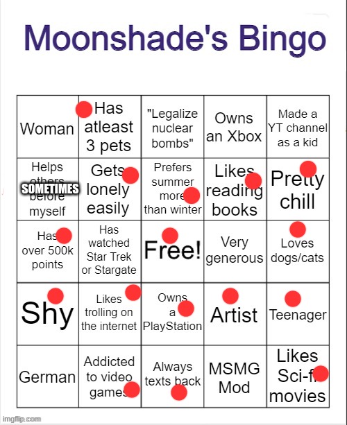 Moonshade's Bingo | SOMETIMES | image tagged in moonshade's bingo | made w/ Imgflip meme maker