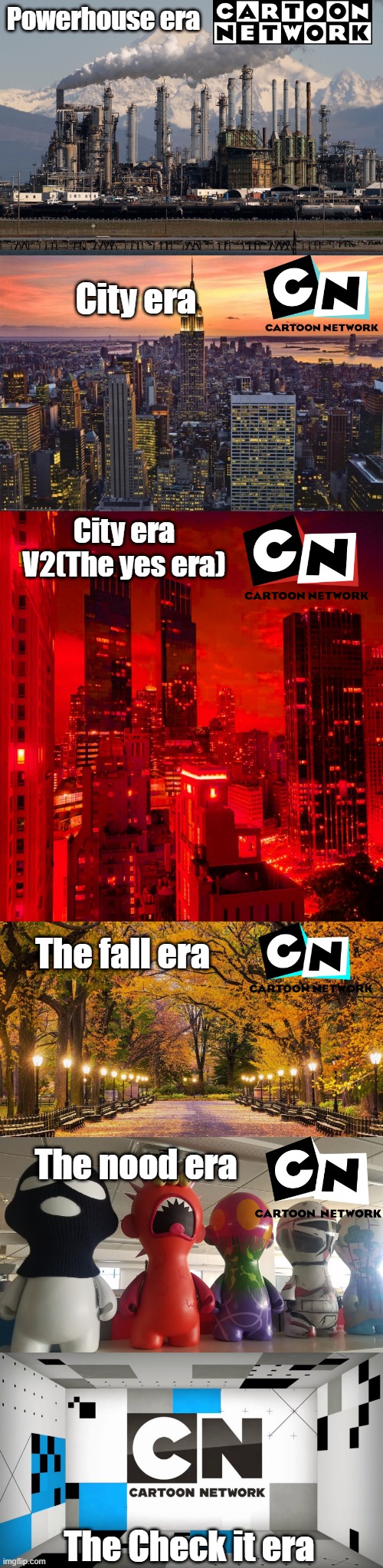 CN eras portrayed IRL | Powerhouse era; City era; City era V2(The yes era); The fall era; The nood era; The Check it era | image tagged in cartoon network,history,memories | made w/ Imgflip meme maker