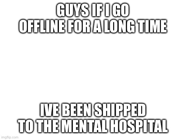 I'm worried that my therapist is gonna call crisis on me | GUYS IF I GO OFFLINE FOR A LONG TIME; IVE BEEN SHIPPED TO THE MENTAL HOSPITAL | image tagged in e | made w/ Imgflip meme maker