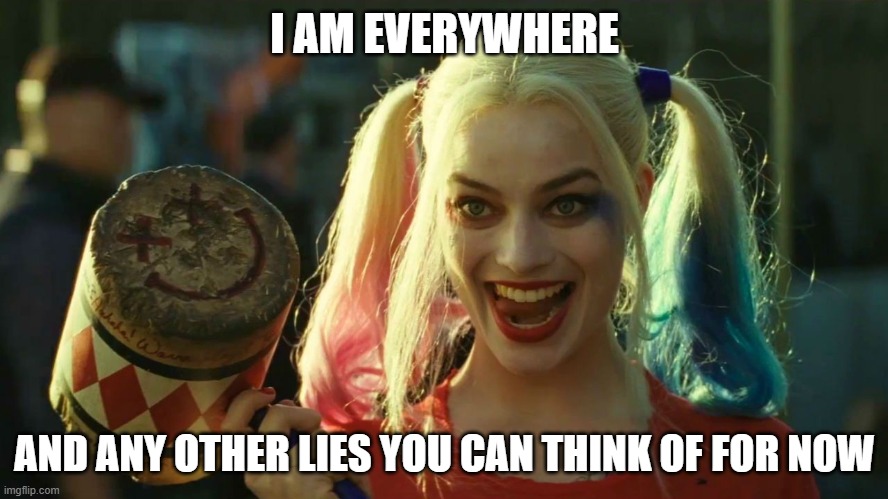 tom kloser thomas kloser | I AM EVERYWHERE; AND ANY OTHER LIES YOU CAN THINK OF FOR NOW | image tagged in harley quinn hammer | made w/ Imgflip meme maker