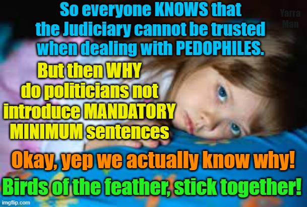 Predators, Politicians and the Judiciary, birds of the feather. | So everyone KNOWS that the Judiciary cannot be trusted when dealing with PEDOPHILES. Yarra Man; But then WHY do politicians not introduce MANDATORY MINIMUM sentences; Okay, yep we actually know why! Birds of the feather, stick together! | image tagged in pedo maggots,evil,little children,snakes,catholic church,priests | made w/ Imgflip meme maker