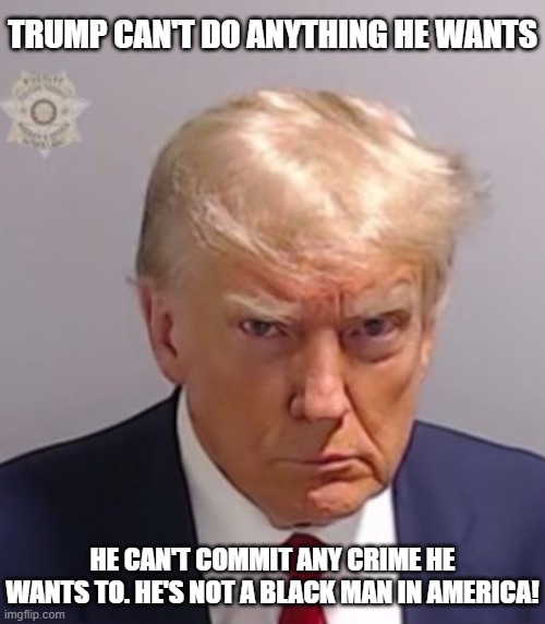 Trump Can't Do Crimes Because He's Not Black | TRUMP CAN'T DO ANYTHING HE WANTS; HE CAN'T COMMIT ANY CRIME HE WANTS TO. HE'S NOT A BLACK MAN IN AMERICA! | image tagged in donald trump mugshot,racist,democrats,liberals | made w/ Imgflip meme maker