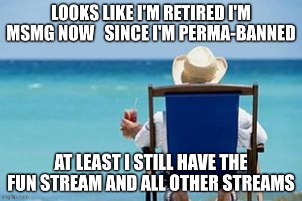 well I'm gonna be here and the what_ever_stream more often | LOOKS LIKE I'M RETIRED I'M MSMG NOW   SINCE I'M PERMA-BANNED; AT LEAST I STILL HAVE THE FUN STREAM AND ALL OTHER STREAMS | image tagged in retirement,from,msmg,stream,memes,funny | made w/ Imgflip meme maker
