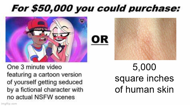 "For $50,000 you could purchase:" | 5,000 square inches of human skin | image tagged in for 50 000 you could purchase | made w/ Imgflip meme maker