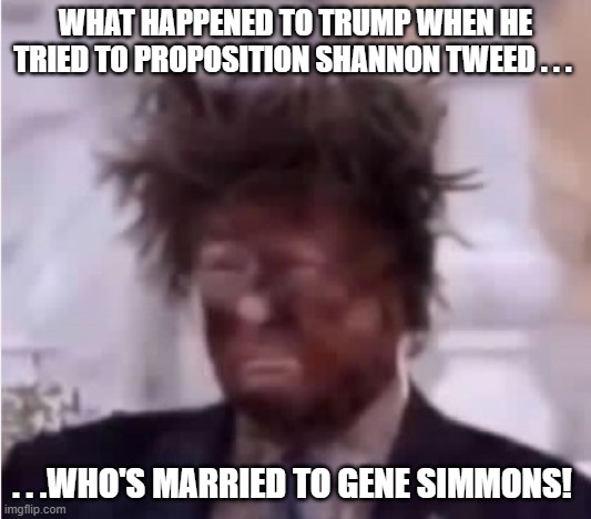 Donald Trump ashface Gene Simmons | WHAT HAPPENED TO TRUMP WHEN HE TRIED TO PROPOSITION SHANNON TWEED . . . . . .WHO'S MARRIED TO GENE SIMMONS! | image tagged in donald trump ashface,gene simmons,shannon tweed,i hate donald trump,trump sucks | made w/ Imgflip meme maker