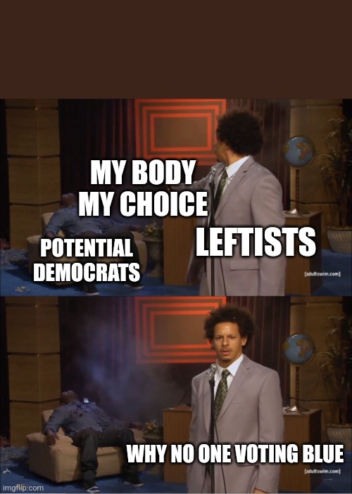 MY BODY MY CHOICE POTENTIAL DEMOCRATS WHY NO ONE VOTING BLUE LEFTISTS | image tagged in memes,who killed hannibal | made w/ Imgflip meme maker
