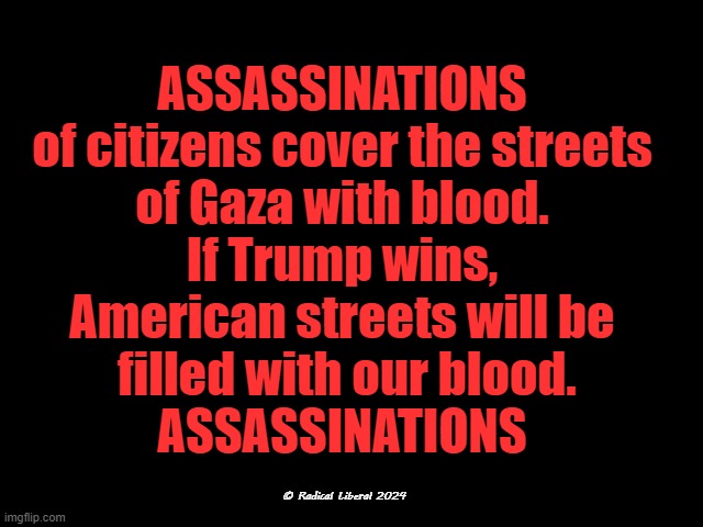 ASSASSINATIONS | ASSASSINATIONS
of citizens cover the streets
of Gaza with blood.
If Trump wins,
American streets will be
 filled with our blood.
ASSASSINATIONS; © Radical Liberal 2024 | image tagged in assassination,gaza,trump,america,israel,blood | made w/ Imgflip meme maker