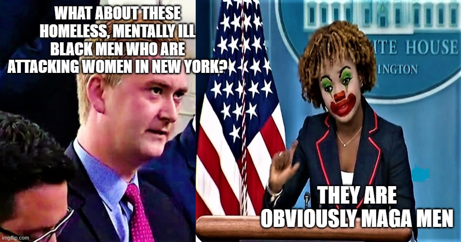 Peter Doocy vs KJP 1 | WHAT ABOUT THESE HOMELESS, MENTALLY ILL BLACK MEN WHO ARE ATTACKING WOMEN IN NEW YORK? THEY ARE OBVIOUSLY MAGA MEN | image tagged in peter doocy vs kjp 1 | made w/ Imgflip meme maker