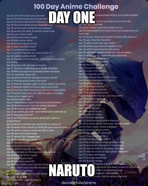 Day one | DAY ONE; NARUTO | image tagged in 100 day anime challenge | made w/ Imgflip meme maker