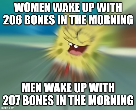 Spongebob laughing | WOMEN WAKE UP WITH 206 BONES IN THE MORNING MEN WAKE UP WITH 207 BONES IN THE MORNING | image tagged in spongebob laughing | made w/ Imgflip meme maker