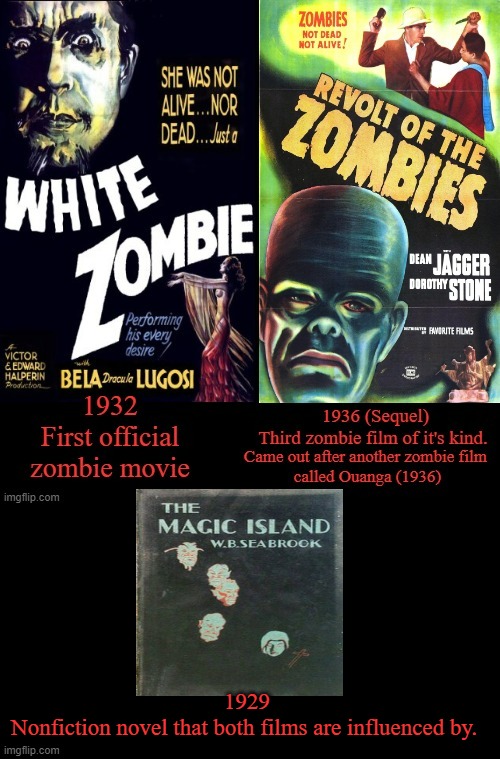 White Zombie, Revolt Of The Zombies and The Magic Island | 1929
Nonfiction novel that both films are influenced by. | image tagged in the magic island,w b seabrook,white zombie,bela lugosi,revolt of the zombies,roy d'arcy | made w/ Imgflip meme maker