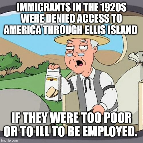 Pepperidge Farm Remembers | IMMIGRANTS IN THE 1920S WERE DENIED ACCESS TO AMERICA THROUGH ELLIS ISLAND; IF THEY WERE TOO POOR OR TO ILL TO BE EMPLOYED. | image tagged in memes,pepperidge farm remembers | made w/ Imgflip meme maker