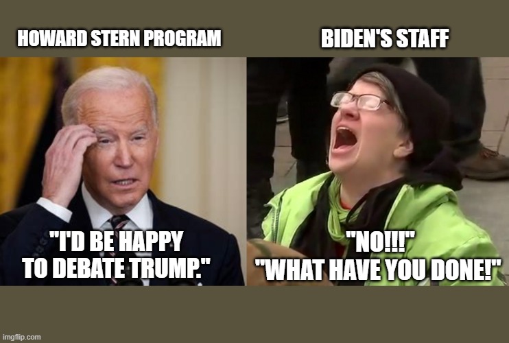 I said what now? | BIDEN'S STAFF; HOWARD STERN PROGRAM; "NO!!!"
"WHAT HAVE YOU DONE!"; "I'D BE HAPPY TO DEBATE TRUMP." | image tagged in crying liberal,joe biden,presidential debate,president trump | made w/ Imgflip meme maker