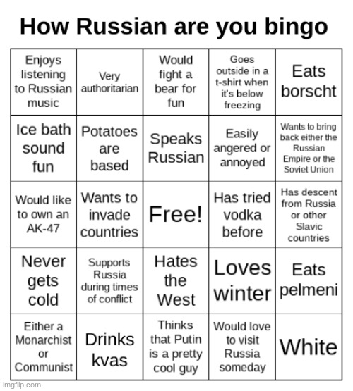 A bingo to do | image tagged in how russian are you bingo,russia | made w/ Imgflip meme maker