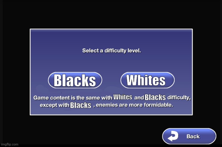 Based on real life experience | Blacks; Whites; Whites; Blacks; Blacks | image tagged in select your difficulty level | made w/ Imgflip meme maker