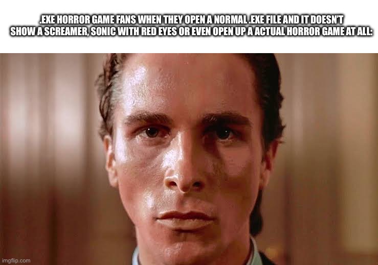 Imagine opening a normal .EXE file expecting a screamer | .EXE HORROR GAME FANS WHEN THEY OPEN A NORMAL .EXE FILE AND IT DOESN’T SHOW A SCREAMER, SONIC WITH RED EYES OR EVEN OPEN UP A ACTUAL HORROR GAME AT ALL: | image tagged in patrick bateman staring,sonic exe,sonicexe | made w/ Imgflip meme maker