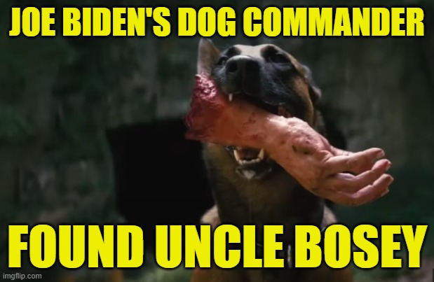 Commander Biden's dog found Bosey | JOE BIDEN'S DOG COMMANDER; FOUND UNCLE BOSEY | image tagged in fallout,fjb,does your dog bite,joe biden,cannibals,cannibalism | made w/ Imgflip meme maker