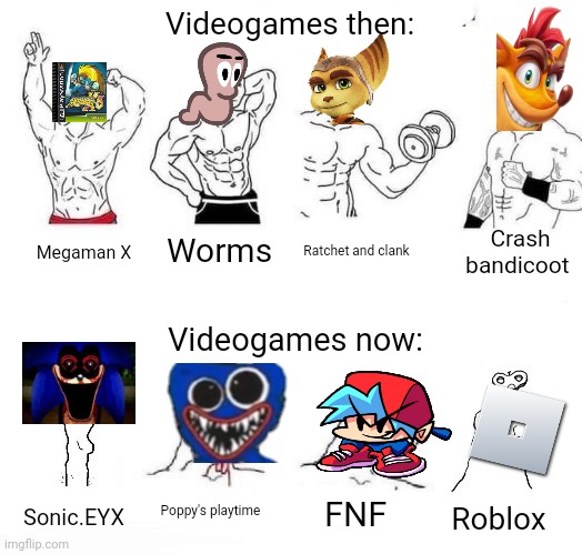 X in the Past vs. X Now | Videogames then:; Crash bandicoot; Worms; Ratchet and clank; Megaman X; Videogames now:; Poppy's playtime; FNF; Sonic.EYX; Roblox | image tagged in x in the past vs x now | made w/ Imgflip meme maker