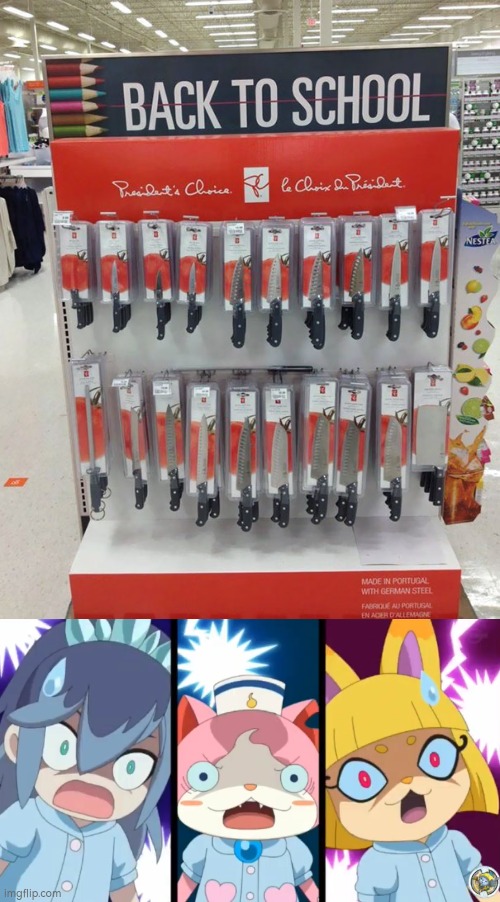 The students now have to stab someone? | image tagged in supermarket,knife | made w/ Imgflip meme maker