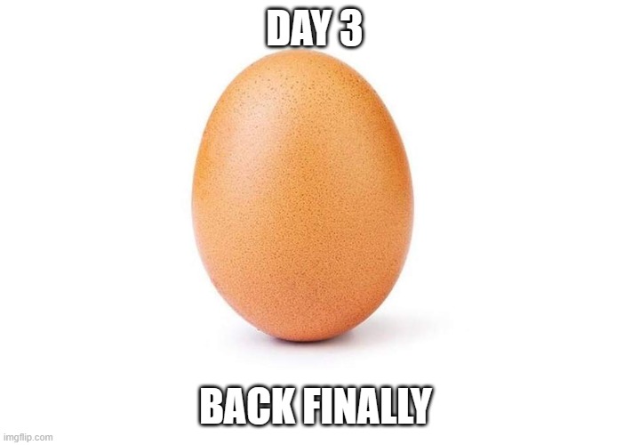 Image TITLE | DAY 3; BACK FINALLY | image tagged in eggbert | made w/ Imgflip meme maker