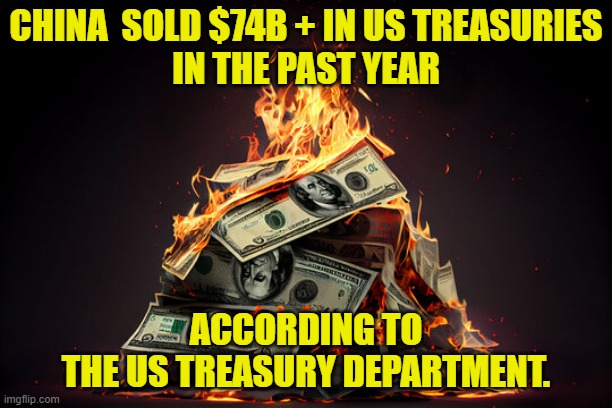 Petrol Dollar be gone | CHINA  SOLD $74B + IN US TREASURIES
IN THE PAST YEAR; ACCORDING TO
THE US TREASURY DEPARTMENT. | image tagged in currency,economics,national debt,debt,federal reserve,inflation | made w/ Imgflip meme maker
