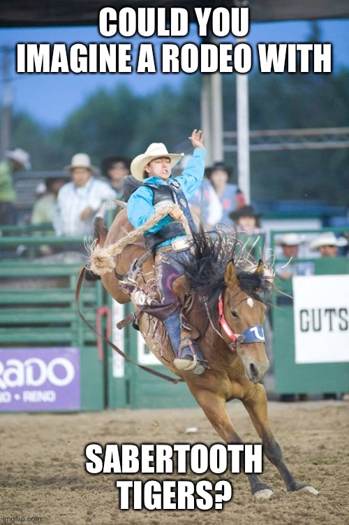 Rodeo Country Cares | COULD YOU IMAGINE A RODEO WITH SABERTOOTH TIGERS? | image tagged in rodeo country cares | made w/ Imgflip meme maker