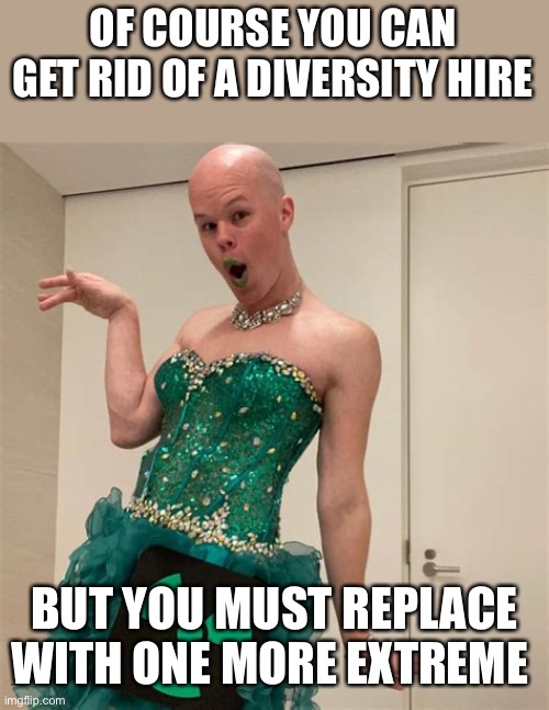 Sam Brinton | OF COURSE YOU CAN GET RID OF A DIVERSITY HIRE BUT YOU MUST REPLACE WITH ONE MORE EXTREME | image tagged in sam brinton | made w/ Imgflip meme maker