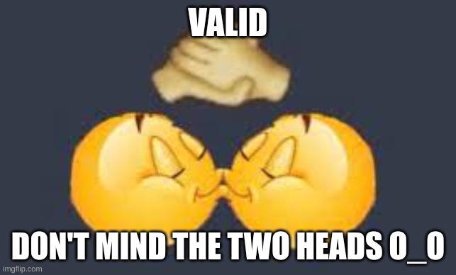 VALID DON'T MIND THE TWO HEADS O_O | image tagged in dap me up kiss | made w/ Imgflip meme maker