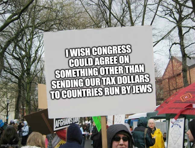 Keep our tax dollars at home | I WISH CONGRESS COULD AGREE ON SOMETHING OTHER THAN SENDING OUR TAX DOLLARS TO COUNTRIES RUN BY JEWS | image tagged in blank protest sign | made w/ Imgflip meme maker