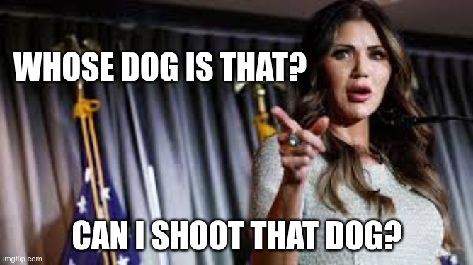 Who let the dogs out | WHOSE DOG IS THAT? CAN I SHOOT THAT DOG? | image tagged in noem,republican,animal abuse,hateful,moron | made w/ Imgflip meme maker