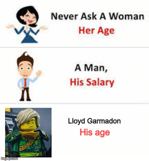 Never ask a woman her age | Lloyd Garmadon; His age | image tagged in never ask a woman her age | made w/ Imgflip meme maker