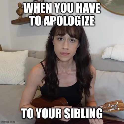 ToXiC GoSsIp TrAiN | WHEN YOU HAVE TO APOLOGIZE; TO YOUR SIBLING | image tagged in colleen ballinger ukulele apology,siblings,dies from cringe | made w/ Imgflip meme maker
