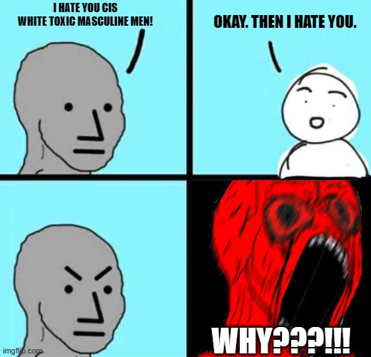 Angry NPC wojack rage | I HATE YOU CIS WHITE TOXIC MASCULINE MEN! OKAY. THEN I HATE YOU. WHY???!!! | image tagged in angry npc wojack rage | made w/ Imgflip meme maker